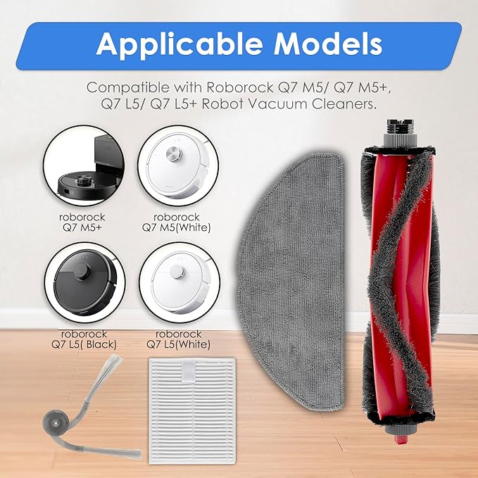 (11 Pack) Q7 M5+/ M5 Replacement Parts for Roborock Q7 M5+, Q7 L5, Q7 L5+ Robot Vacuum Cleaner, 1 Roller Brush, 4 Side Brushes, 4 HEPA Filters, 2 Mop Pads, Accessories Kit