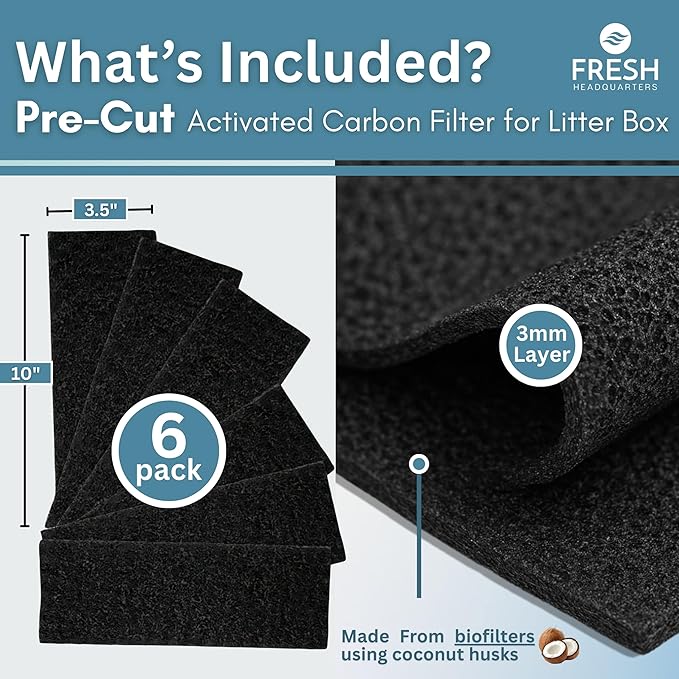 Activated Litter Robot 3 Carbon Filters - Activated Charcoal Replacement Filter, Pre-Cut 3.5” x 10” Litter Robot Accessories - Odor Control & Dust Reduction - Made in USA - 6-Pack