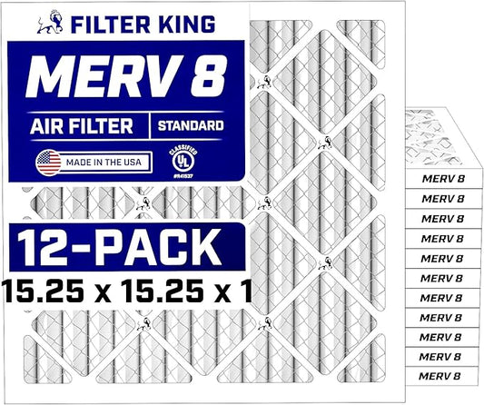 Filter King 15.25x15.25x1 Air Filter (MERV 8) (12-Pack) Dust & Allergy Control AC Furnace Filters, MADE IN USA, HVAC, Pleated, Electrostatic (Actual Size: 15.25 x 15.25 x .75)