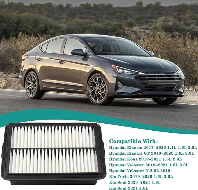 28113-F2000 Engine Air Filter - Compatible with 2017-2022 Hyundai Elantra/Elantra GT, Kona, Veloster/N, Kia Forte/Forte5, Soul 1.4L, 1.6L, 2.0L - Replaces #28113-F0000