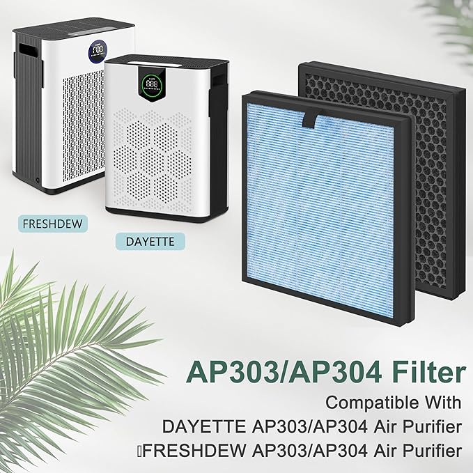 AP303 AP304 Replacement Filter Compatible with DAYETTE & FRESHDEW AP303/AP304 Air Purifier, 3 Stage Filtration for Home Large Room, 2 Pack (Smoke Wildfire Filter)
