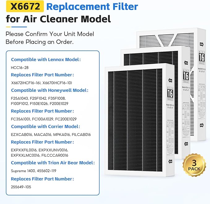 3-pack X6672 MERV 16 Filter, 16X25X5 Filter Compatible with Lennox X6672 and Lennox HCC16-28 Healthy Climate Carbon Clean MERV 16 Home Furnace Filter for HVAC System, Part # HCF16-16, HCF16-10