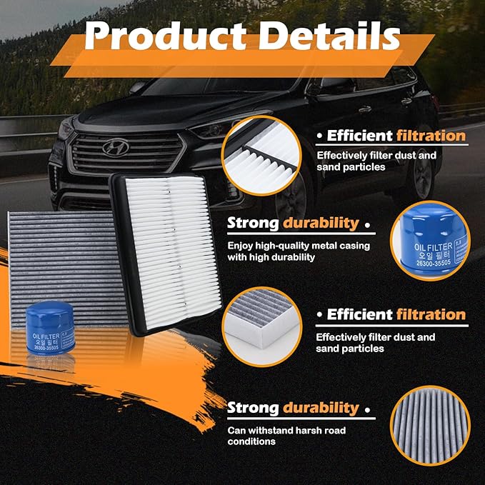 Kefly 28113-2W100 Engine Air Filter & 26300-35505 Oil Filter & 97133-3SAA0 Cabin Air Filter Fits for 2013-2018 Hyundai Santa Fe, 2013-2019 Santa Fe XL, 2013-2016 Santa Fe Sport