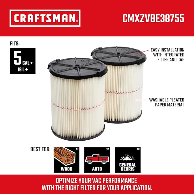 CRAFTSMAN CMXZVBE38755 Genuine General Purpose Wet Dry Vac Replacement Vacuum Filter for Most 5 to 20 Gallon CRAFTSMAN Shop Vacuums, Easy Installation and Traps General Debris, 2-Pack
