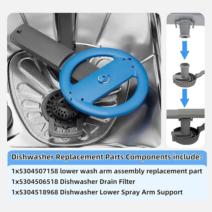 5304507158 Dishwashers Spray Arm Assembly Fit for Frigidaire Dishwashers Lower Wash Arm Assembly with 5304518968 Dishwasher Lower Spray Arm Support and 5304506518 Dishwasher Trap Drain Filter