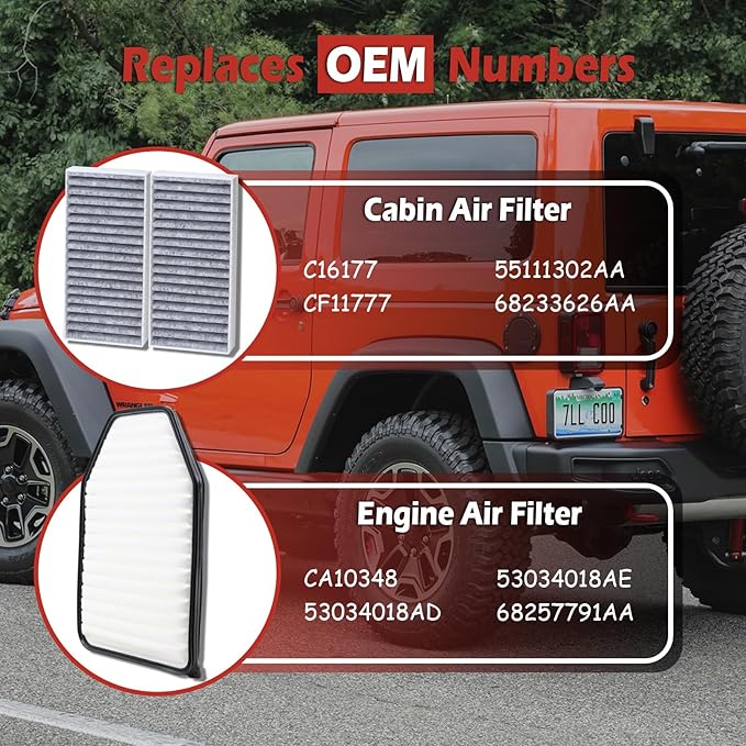 CA10348 Engine Air Filter and CF11777 Cabin Air Filter kit Compatible with 2011-2017 Jeep Wrangler 2018 Wrangler JK 3.6L V6 Replaces 53034018AD 55111302AA