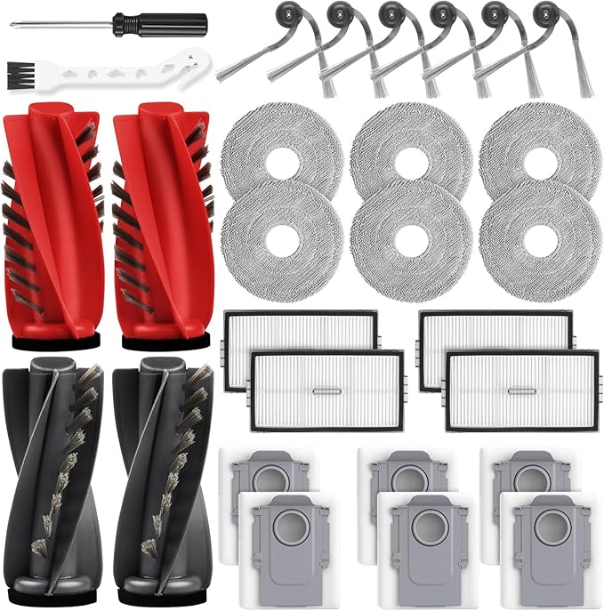 28 Pack Replacement Accessories for Roborock Saros 10R / Saros 20 / Qrevo CurvX Robot Vacuum Cleaner, 2 Pairs Mainbrush 6 Side Brush 4 Filter 6 Mop Pads 6 Dust Bags 1 Cleaning Brush 1 Screwdriver