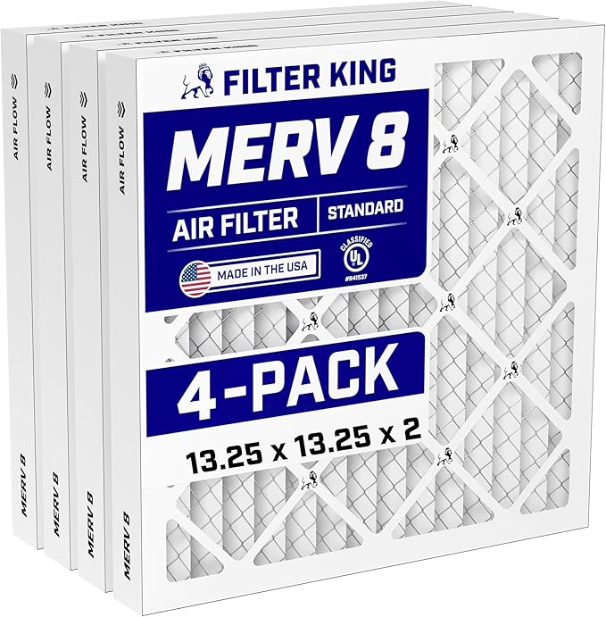 Filter King 13.25x13.25x2 Air Filter (MERV 8) (4-Pack) Dust & Allergy Control AC Furnace Filters, MADE IN USA, HVAC, Pleated, Electrostatic (Actual Size: 13.25 x 13.25 x 1.75)