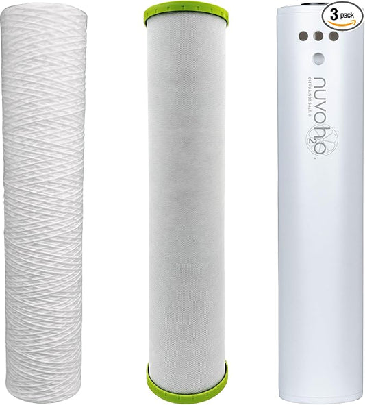 NuvoH2O Whole Home Trio Replacement Cartridges – Sediment + Carbon Filters for Whole Home System – Removes Debris, Chlorine, VOCs, Improves Taste – 50,000 Gallons, Salt-Free