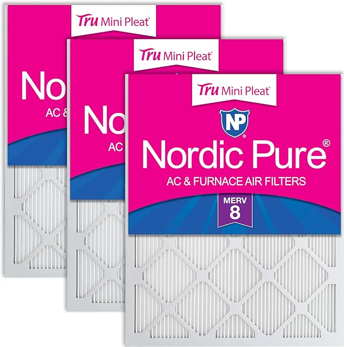 Nordic Pure 20x20x1 (Actual Size: 19 1/2 x 19 1/2 x 3/4) Tru Mini Pleat MERV 8 AC Furnace Air Filters - 2.5X More Media for Longer-Lasting, High-Efficiency Filtration - 3 Pack