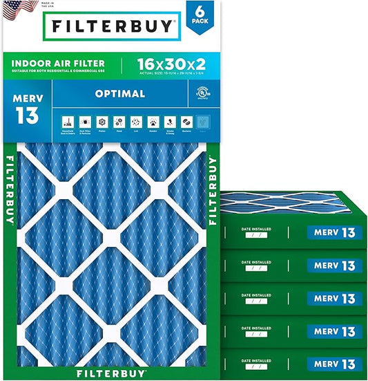 Filterbuy 16x30x2 Air Filter MERV 13 Optimal Smoke & Allergy Defense (6-Pack), Electrostatic Pleated HVAC AC Furnace Filters Replacement (Actual Size: 15.69 x 29.69 x 1.75)