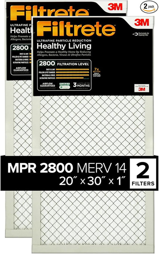 Filtrete 20x30x1 Air Filter, MPR 2800, MERV 14, Healthy Living Ultrafine Particle Reduction 3-Month Pleated 1-Inch Air Filters, 2 Filters