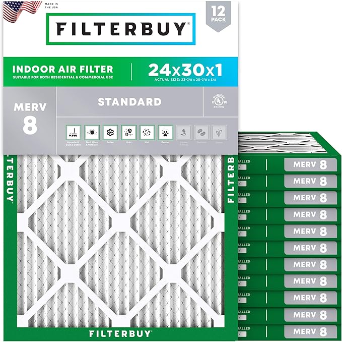 Filterbuy 24x30x1 Air Filter MERV 8 Essential Dust & Allergy Defense (12-Pack), Electrostatic Pleated HVAC AC Furnace Filters Replacement (Actual Size: 23.88 x 29.88 x 0.75)