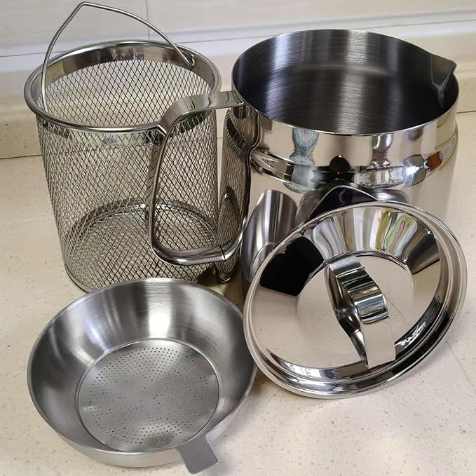 2L/68oz 304 Stainless Steel Oil Filter Pot - Large Capacity Multifunctional Grease Container with Strainer & Frying Basket - Ideal for Kitchen & Camping(Bright)
