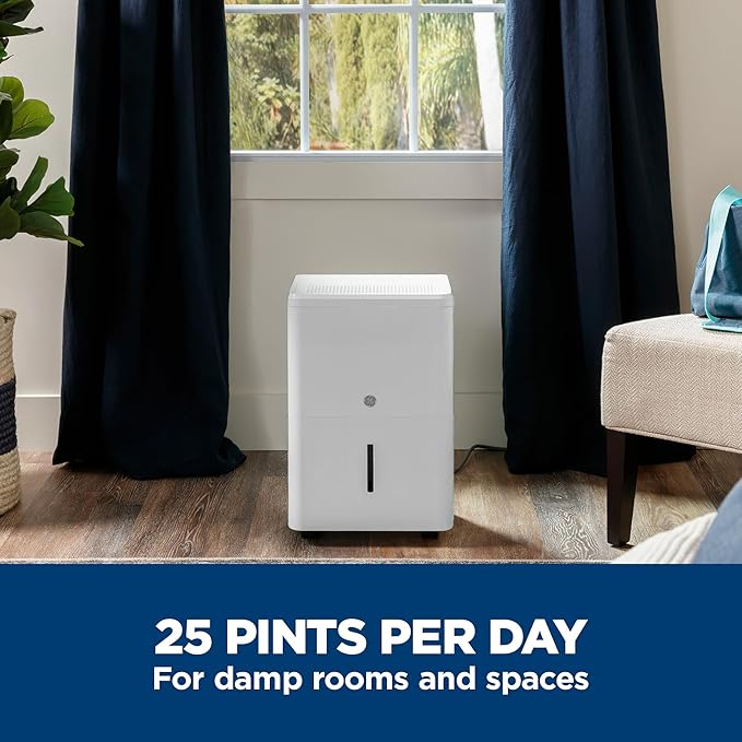 GE Portable Dehumidifier 25 Pint, Perfect for Bedroom, Basement & Garage or Rooms up to 1500 Sq Ft, Ideal for High Humidity Areas, Complete with Empty Bucket Alarm & Clean Filter Alert