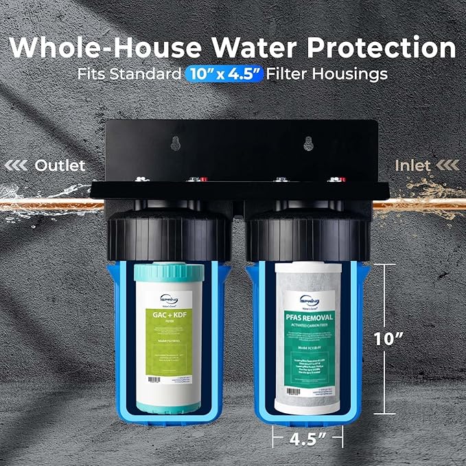 iSpring F2WGB21BPFKS 2-Stage Whole House Water Filter Replacement Set, Compact 10” x 4.5” Filters for PFAS, Heavy Metals, Chlorine & Odor Reduction, SGS-Tested Media, Fits Standard Home Systems