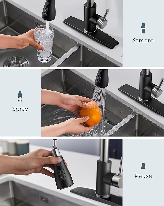 FORIOUS Kitchen Faucets with Soap Dispenser and Pull Down Sprayer, Bar High Arc Single Handle Classic 3 Modes Stainless Steel Faucet for Kitchen Sink Farmhouse RV Laundry Camper, Black Chrome