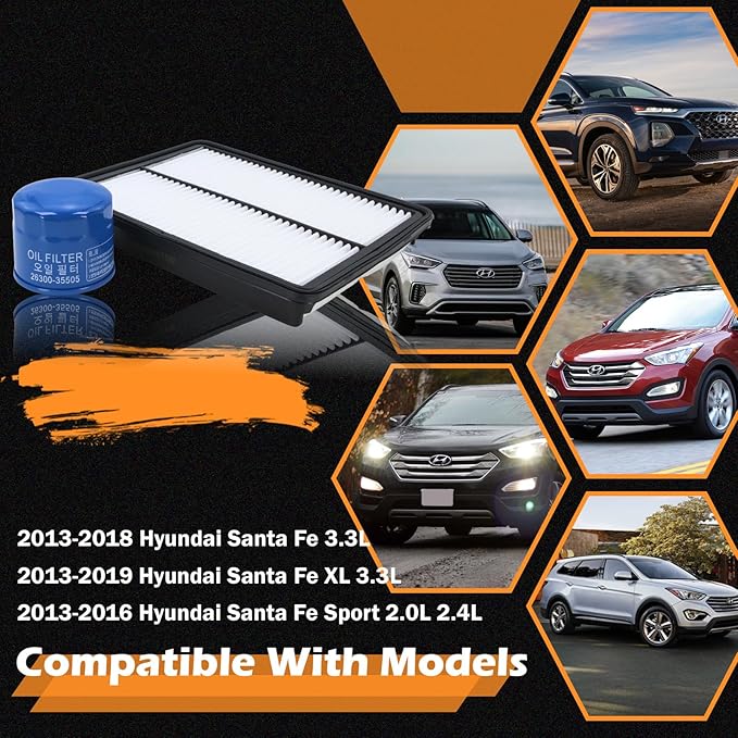 Kefly 28113-2W100 Engine Air Filter & 26300-35505 Oil Filter Fits for 2013-2018 Hyundai Santa Fe, 2013-2019 Santa Fe XL, 2013-2016 Santa Fe Sport
