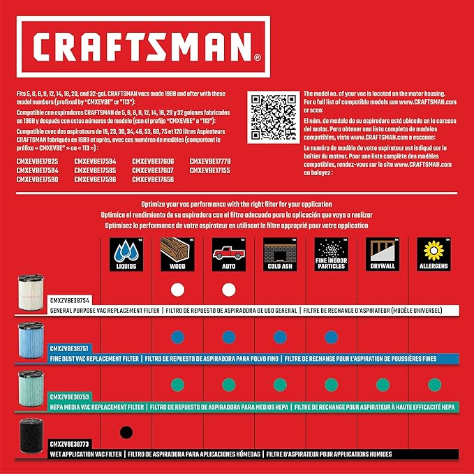 CRAFTSMAN CMXZVBE38755 Genuine General Purpose Wet Dry Vac Replacement Vacuum Filter for Most 5 to 20 Gallon CRAFTSMAN Shop Vacuums, Easy Installation and Traps General Debris, 2-Pack