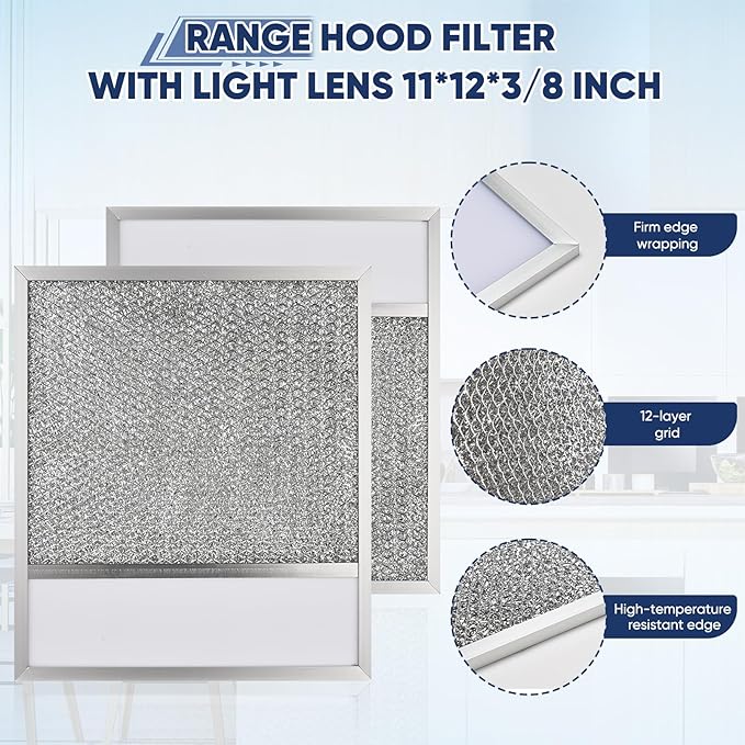 Range hood Filter with Light Lens Replacement Compatible with Air-O hoods 1200 and other brands, Exact Range Hood Aluminum Lens Grease Filters 11 x 12 x 3/8 Inches (2 Pack)