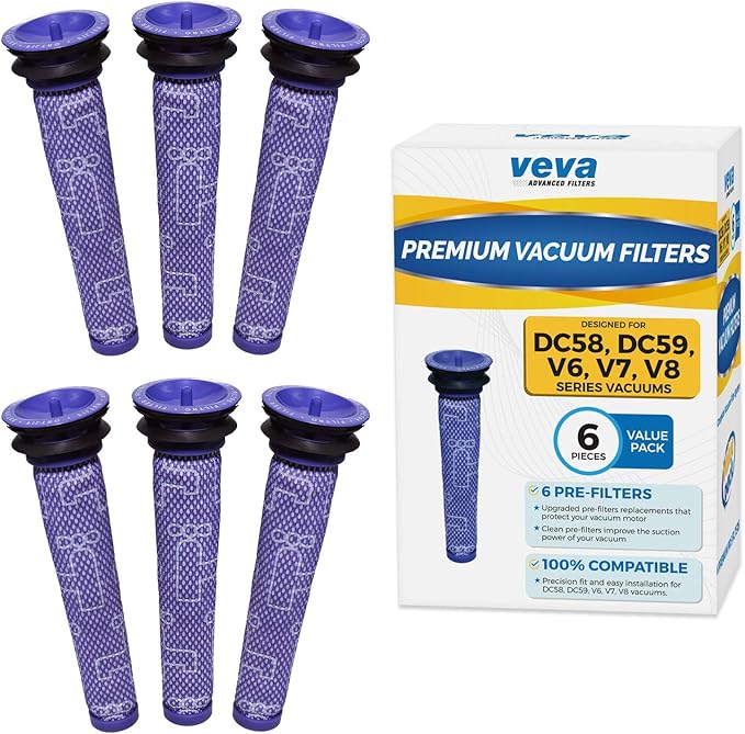 VEVA 6-Pack Premium Vacuum Pre-Filters Compatible with Dyson V6, V7, V8, DC58, DC59, DC61, DC62, Animal Models - Washable Pre Filter Replacements Part # 965661 - Perfect Fit, Air Purifiers