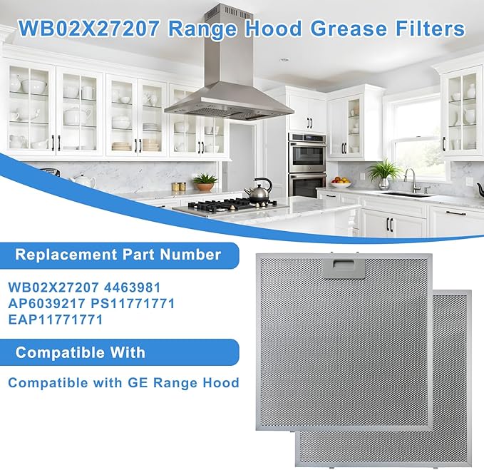 WB02X27207 Range Hood Grease Filters Compatible with GE Range Vent Hood JVX5300BJ1TS JVX5300DJ1BB JVX5300DJ1WW Replace For 4463981 PS11771771 EAP11771771-2 Pack 13.77 x 13.77 x 0.39 Inches