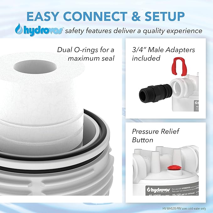 HYDROVOS 20-Inch Water Filter Housing, NSF Certified, 3/4” Ports, Built-in Pressure Relief Valve, Use for 20" x 2.5" Whole House Water Filtration System to Reduce Sediment, Rust, Filter Not Included