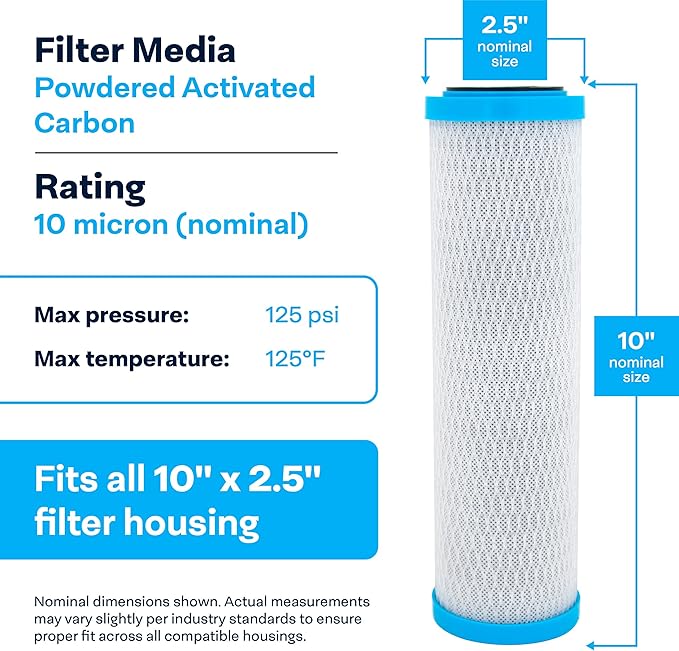 SpiroPure SP-EPM-10 10x2.5 10 Micron NSF Certified Coconut Shell Carbon Block Water Filter Cartridge EPM-10 155634-43 CB-25-1010 (Case of 12)