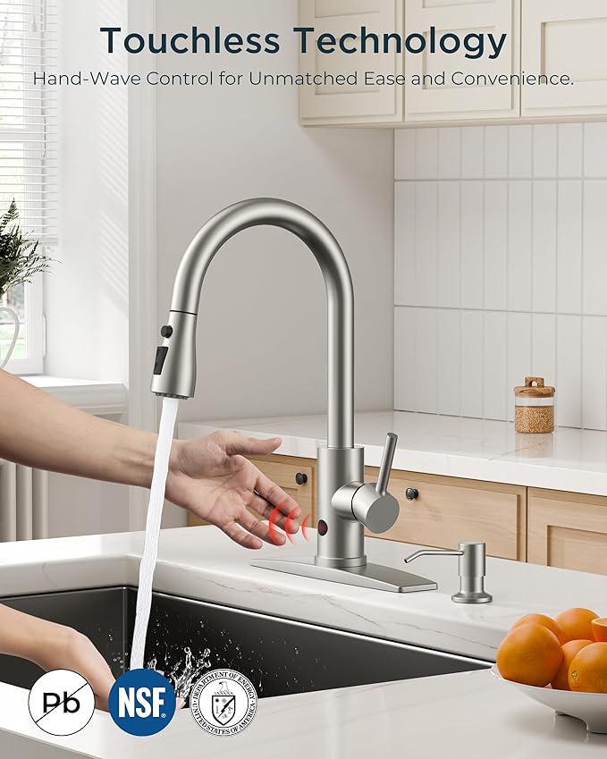 FORIOUS Touchless Kitchen Faucet with Soap Dispenser, Brushed Nickel, Hands-Free, Smart Motion Sensor Contemporary Bar Sink Faucet with Pull Down Sprayer for Farmhouse RV Camper