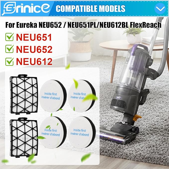 NEU652 NEU651 NEU612 Filter Replacement Compatible with Eureka FlexReach Upright NEU651PL NEU652 NEU612BL Vacuum Cleaner, 2 Hepa Filters, 4 Foam Filters and 1 Cleaning Brush