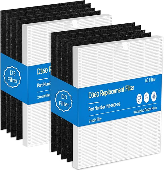 D360 Replacement Filter D3 Compatible with Winix D360 Air Purifier, Part Number 1712-0101-02, 2 Main Filter & 8 Activated Carbon Filters
