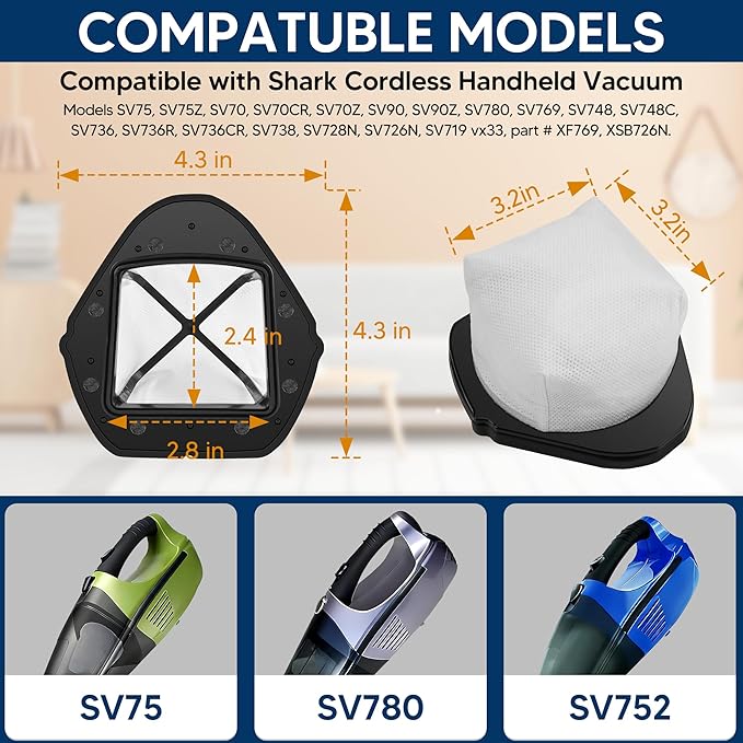 6 Pack Dust Cup Filters Replacement for Shark Cordless Hand Vac SV780 SV75Z SV728N SV726N, Compared to Part # XF769, XSB726N