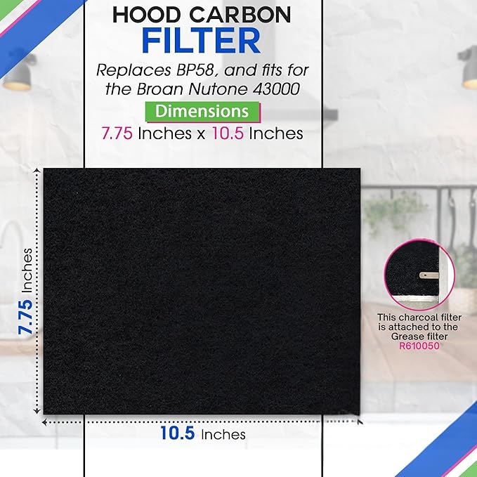 Range Hood Charcoal Filter 7.75” x 10.5” - Fits Broan and Nutone BP58 For 43000 Series Range Hoods - Broan Range Hood Filter Replacement - Carbon Stove Vent Fan Filters Removes Kitchen Odors (3-Pack)