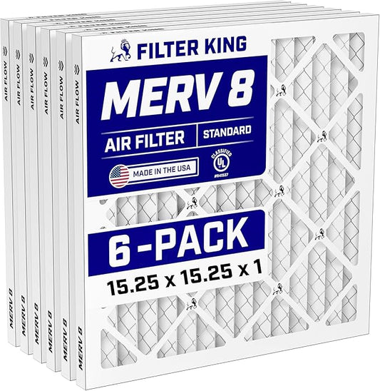 Filter King 15.25x15.25x1 Air Filter (MERV 8) (6-Pack) Dust & Allergy Control AC Furnace Filters, MADE IN USA, HVAC, Pleated, Electrostatic (Actual Size: 15.25 x 15.25 x .75)