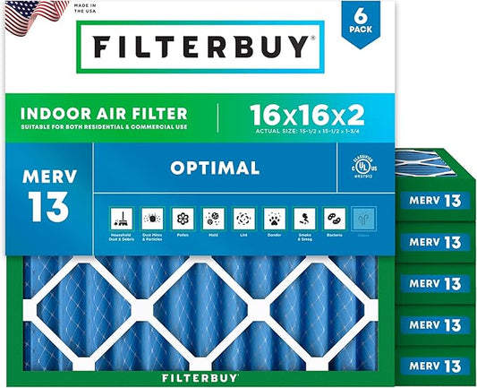 Filterbuy 16x16x2 Air Filter MERV 13 Optimal Smoke & Allergy Defense (6-Pack), Electrostatic Pleated HVAC AC Furnace Filters Replacement (Actual Size: 15.50 x 15.50 x 1.75)