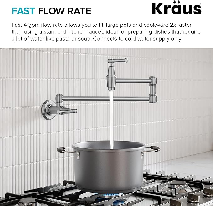 KRAUS Allyn Pot Filler Faucet with Retractable Arm, Wall Mount Kitchen Faucet, Pot Filler for Stove in Spot-Free Brushed Brass, KPF-5002SFS