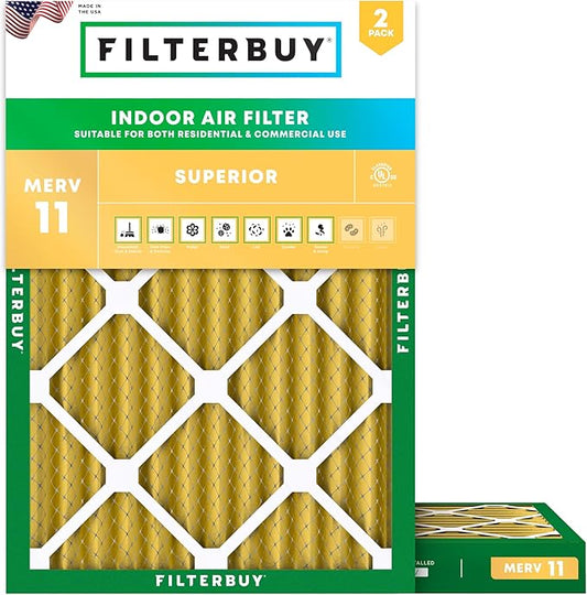 Filterbuy 15x20x2 Air Filter MERV 11 Superior Pet & Allergy Defense (2-Pack), Electrostatic Pleated HVAC AC Furnace Filters Replacement (Actual Size: 14.50 x 19.50 x 1.75)