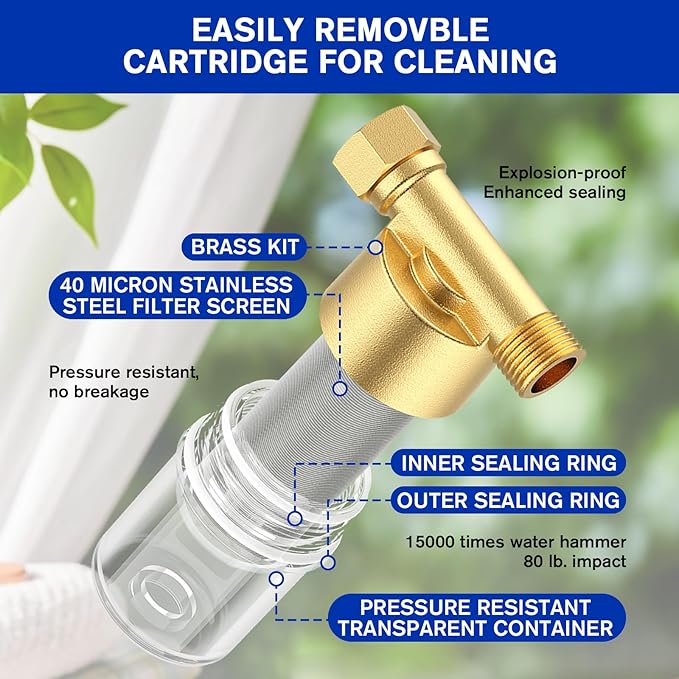 Pacify 40 Micron Reusable Brass Sediment Filter, Inline Washing Machine Water Filter System for Washer, Shower, Heater, Well Water, Garden, RV, Impede Scale