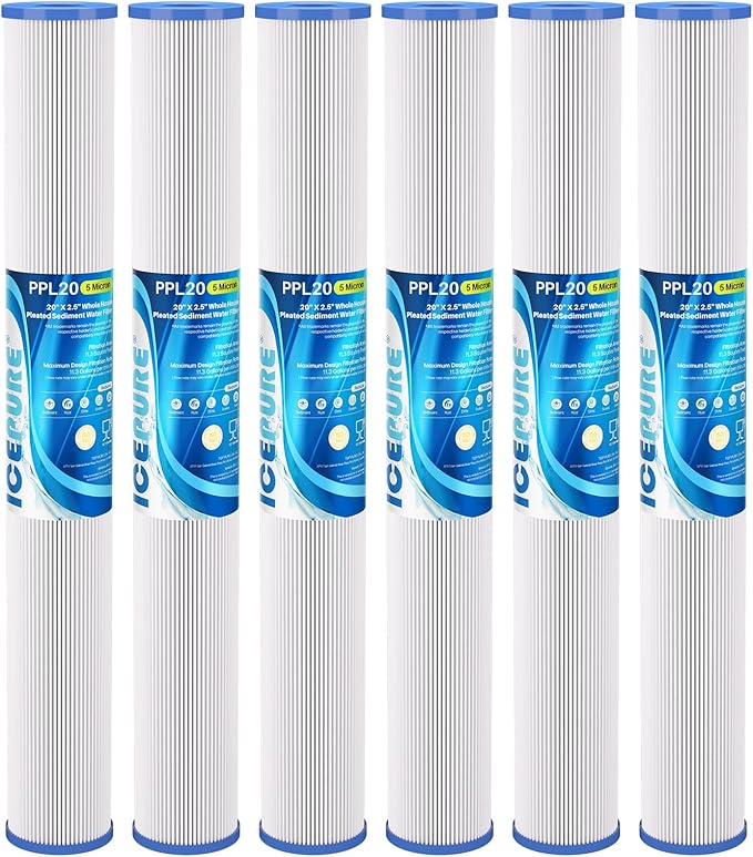 ICEPURE 20 Inch Whole House Pleated Sediment Water Filter Cartridge for Well Water, Replacement for ECP20-20, SPC-25-2020, ECP1-20, ECP5-20, SPC-25-2005, SPC-25-2001, 5 Micron 20" x 2.5", 6PACK