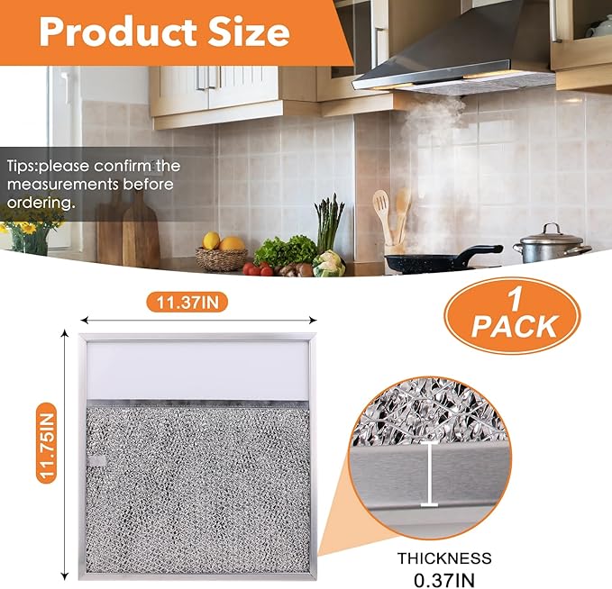 Range hood Filter with Light Lens for Broan-NuTone Kitchen Exhaust Grease Aluminum Filter R610045, R610050, SR610045, fit whirlpool WP8190232, fit 43000 Series Range Hood 11-3/8 X 11-3/4 X 3/8 Inch