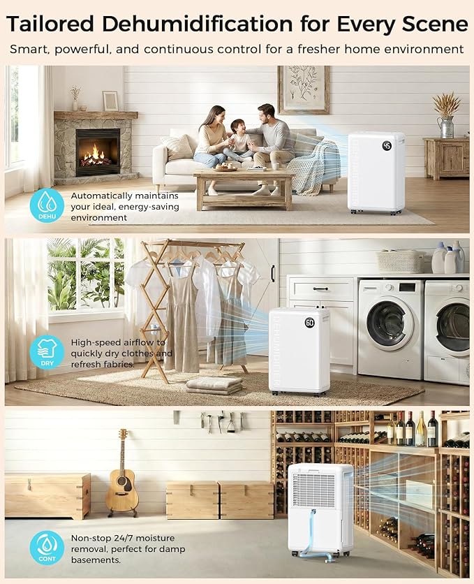 32 Pint Dehumidifier for Basement, 2500 sq.ft Dehumidifiers for Home with Drain Hose, 3 Modes, Auto Defrost, 24H Timer, Quiet Smart Humidity Control for Large Room, Bedroom, Bathroom, RV