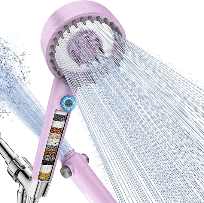 Filtered Shower Head with Handheld, High Pressure 4 Spray Mode Showerhead with Filters, Water Softener Beads for Hard Water with ON/OFF Switch for Pets - Remove Chlorine (Purple, 5 Inch Panel)