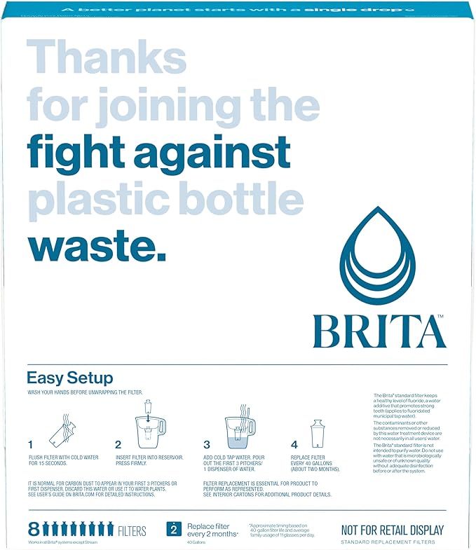Brita Standard Water Filter for Pitchers and Dispensers, BPA-Free, Reduces Copper, Cadmium and Mercury Impurities, Lasts Two Months or 40 Gallons, Includes 8 Filters