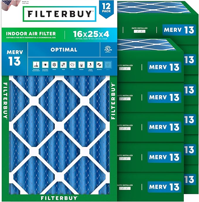 Filterbuy 16x25x4 Air Filter MERV 13 Optimal Smoke & Allergy Defense (12-Pack), Electrostatic Pleated HVAC AC Furnace Filters Replacement (Actual Size: 15.50 x 24.50 x 3.63)