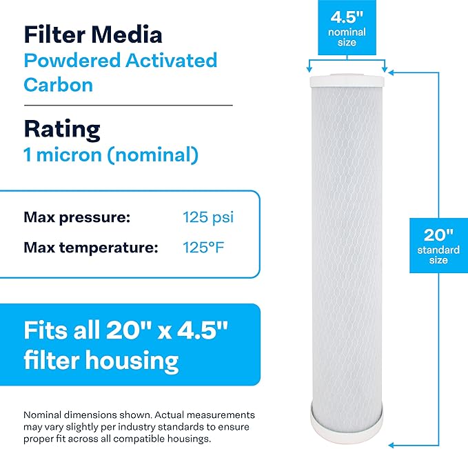 SpiroPure SP-CBC-20BB 20x4.5 1 Micron NSF Certified Coconut Shell Carbon Block Water Filter Cartridge CB-45-2001 (Case of 4)