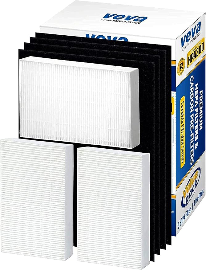 VEVA HPA300 HEPA Filter Replacement Compatible with Honeywell Air Purifier - 3 Pack of HEPA Filters w/ 4 Precut Activated Carbon Pre-Filters & Replacement Filter R