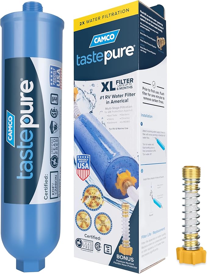 Camco Tastepure XL RV Water Filter - Reliable RV Inline Water Filter with Flexible Hose Protector - GAC & KDF Water Filtration - Made in USA - Camping Essentials for Fresh Drinking Water (40019)