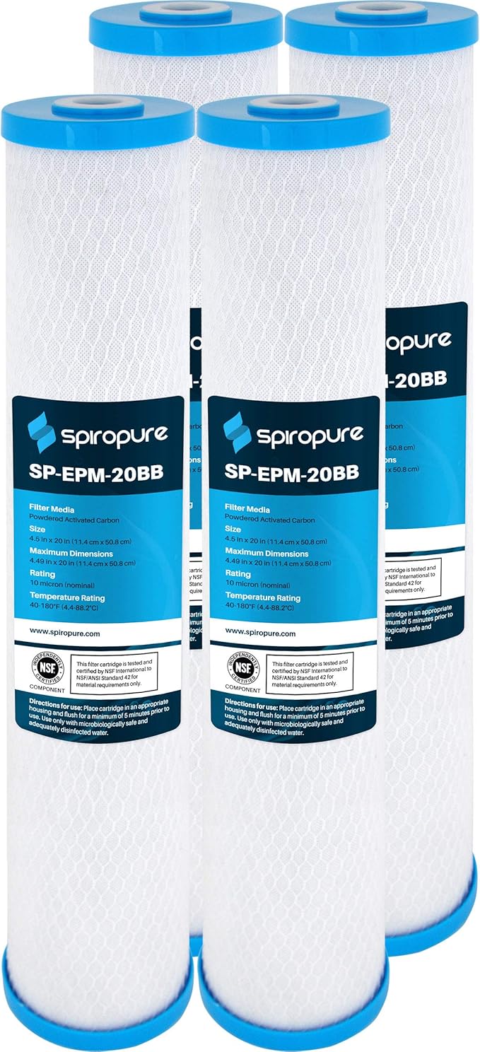 SpiroPure SP-EPM-20BB 20x4.5 10 Micron NSF Certified Coconut Shell Carbon Block Water Filter Cartridge EPM-20BB 155783-43 CB-45-2010 (Case of 4)