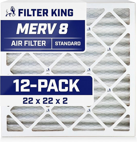 Filter King 22x22x2 Air Filter (MERV 8) (12-Pack) Dust & Allergy Control AC Furnace Filters, MADE IN USA, HVAC, Pleated, Electrostatic (Actual Size: 21.88 x 21.88 x 1.75)