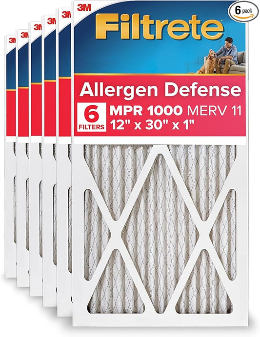 Filtrete 12x30x1 AC Furnace Air Filter, MERV 11, MPR 1000, Micro Allergen Defense, 3-Month Pleated 1-Inch Electrostatic Air Cleaning Filter, 6 Pack (Actual Size 11.81x29.81x0.81 in)